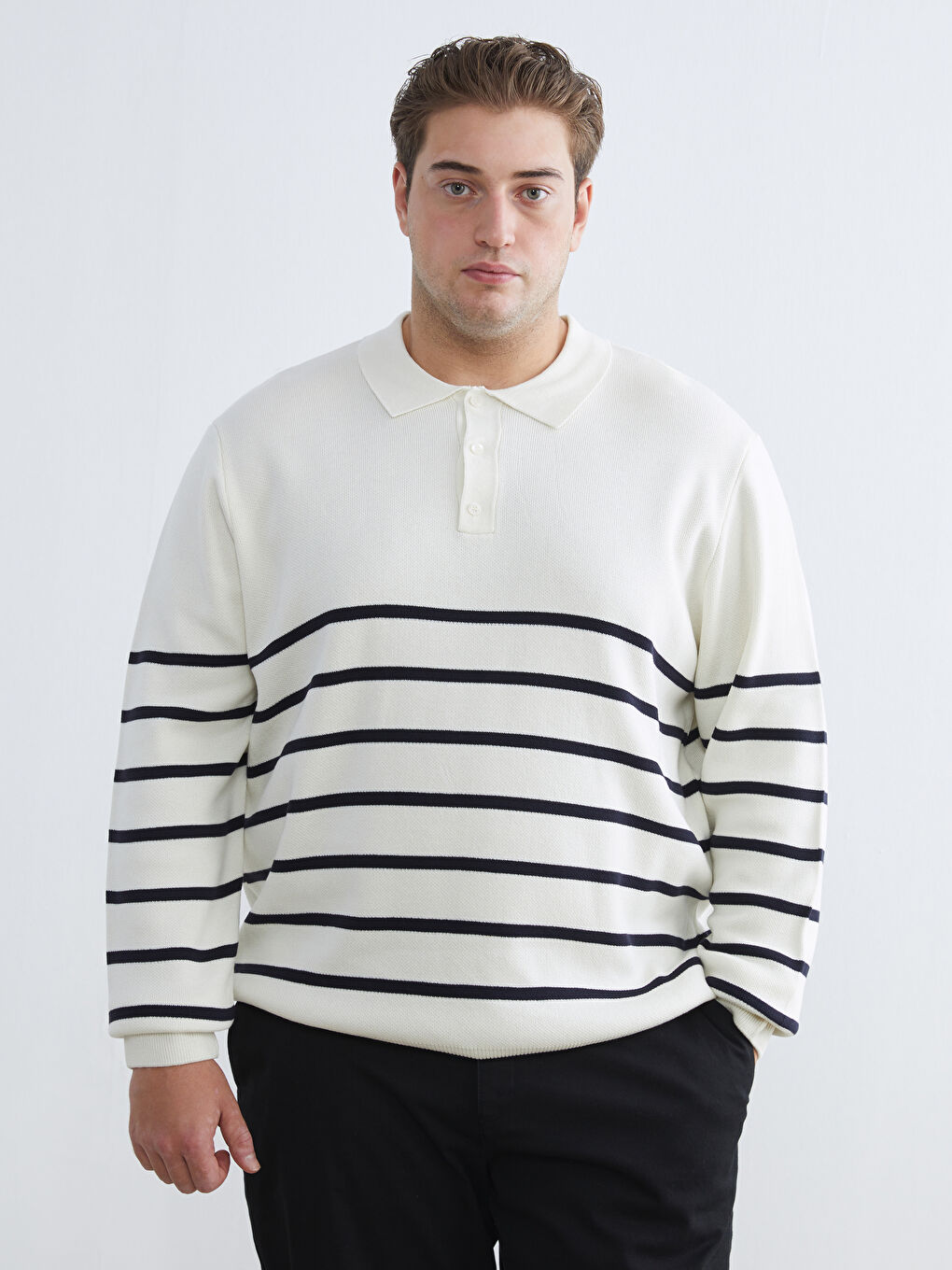 Ekru Polo Yaka Çizgili Erkek Triko Kazak