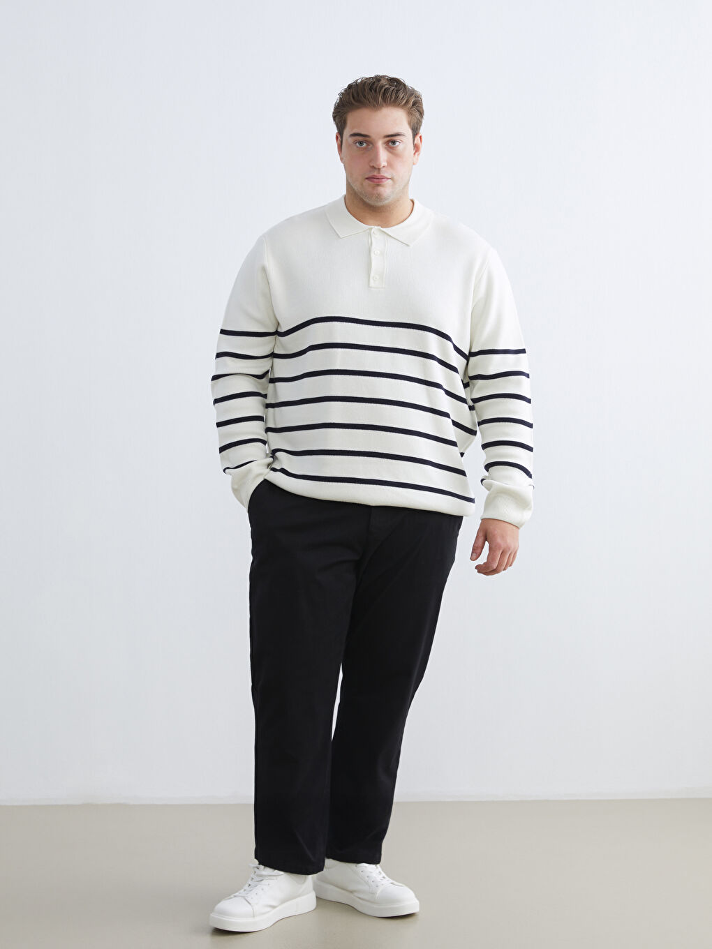 Ekru Polo Yaka Çizgili Erkek Triko Kazak-1