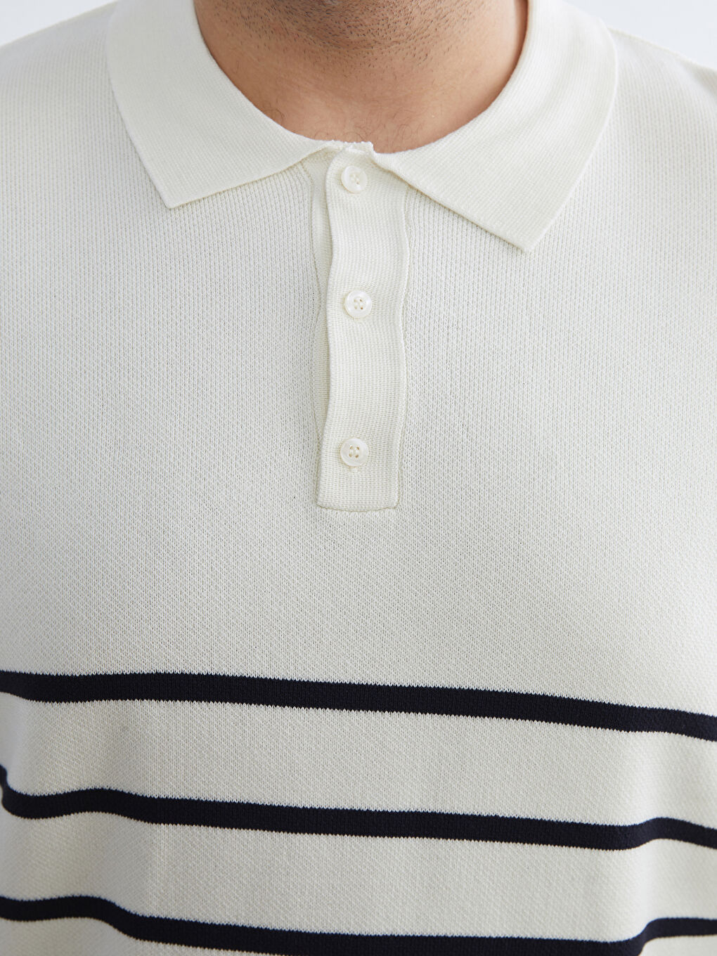 Ekru Polo Yaka Çizgili Erkek Triko Kazak-2