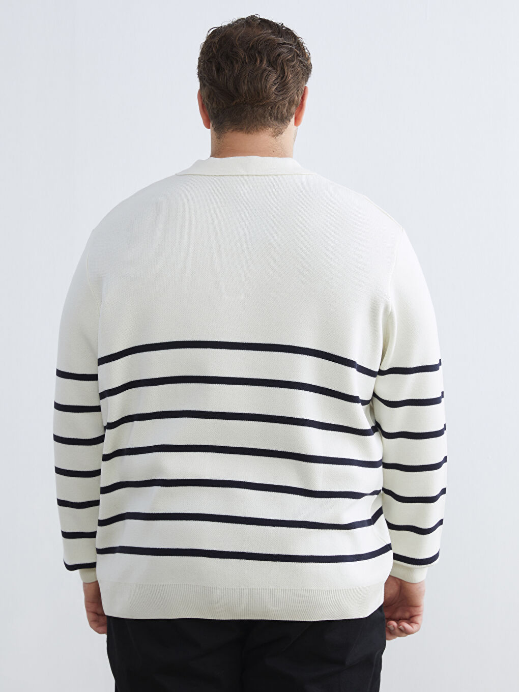 Ekru Polo Yaka Çizgili Erkek Triko Kazak-3