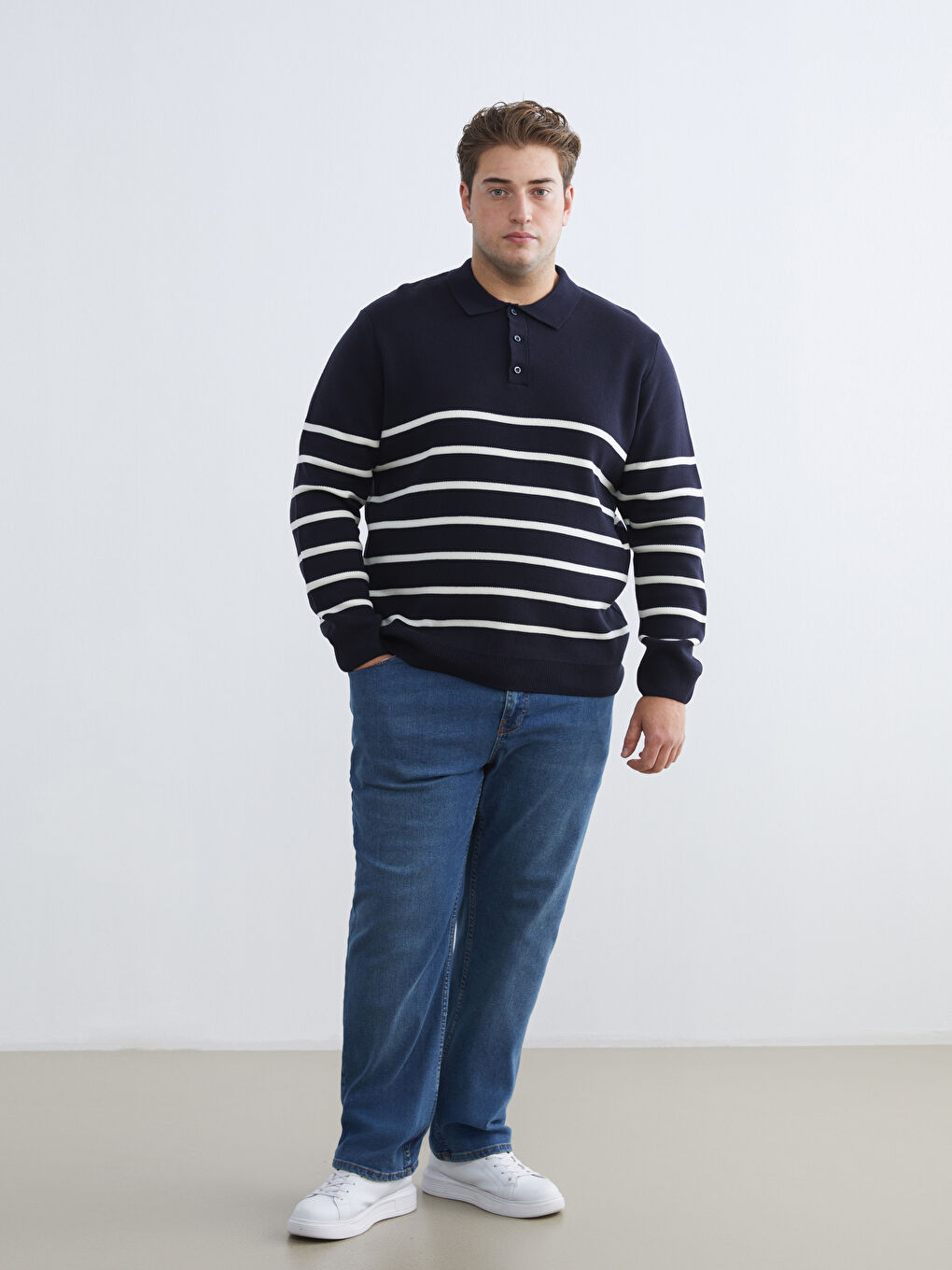 Lacivert Polo Yaka Çizgili Erkek Triko Kazak-1