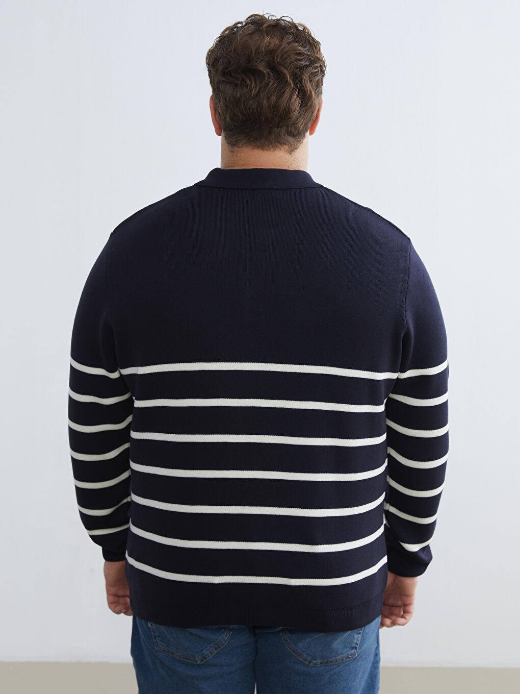 Lacivert Polo Yaka Çizgili Erkek Triko Kazak-3