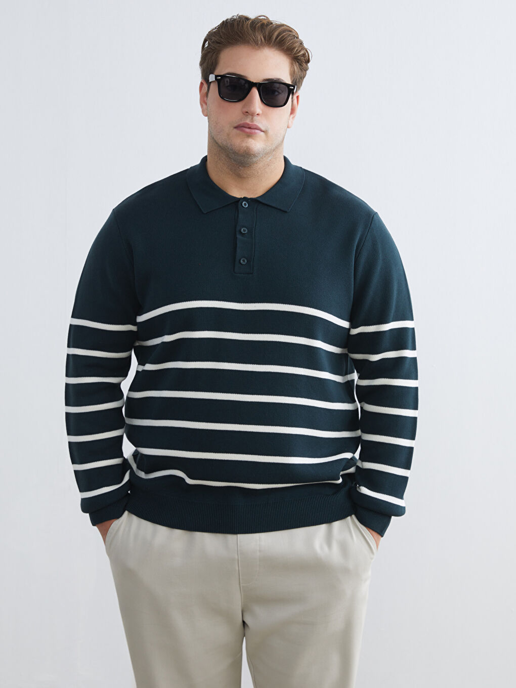 Yeşil Polo Yaka Çizgili Erkek Triko Kazak