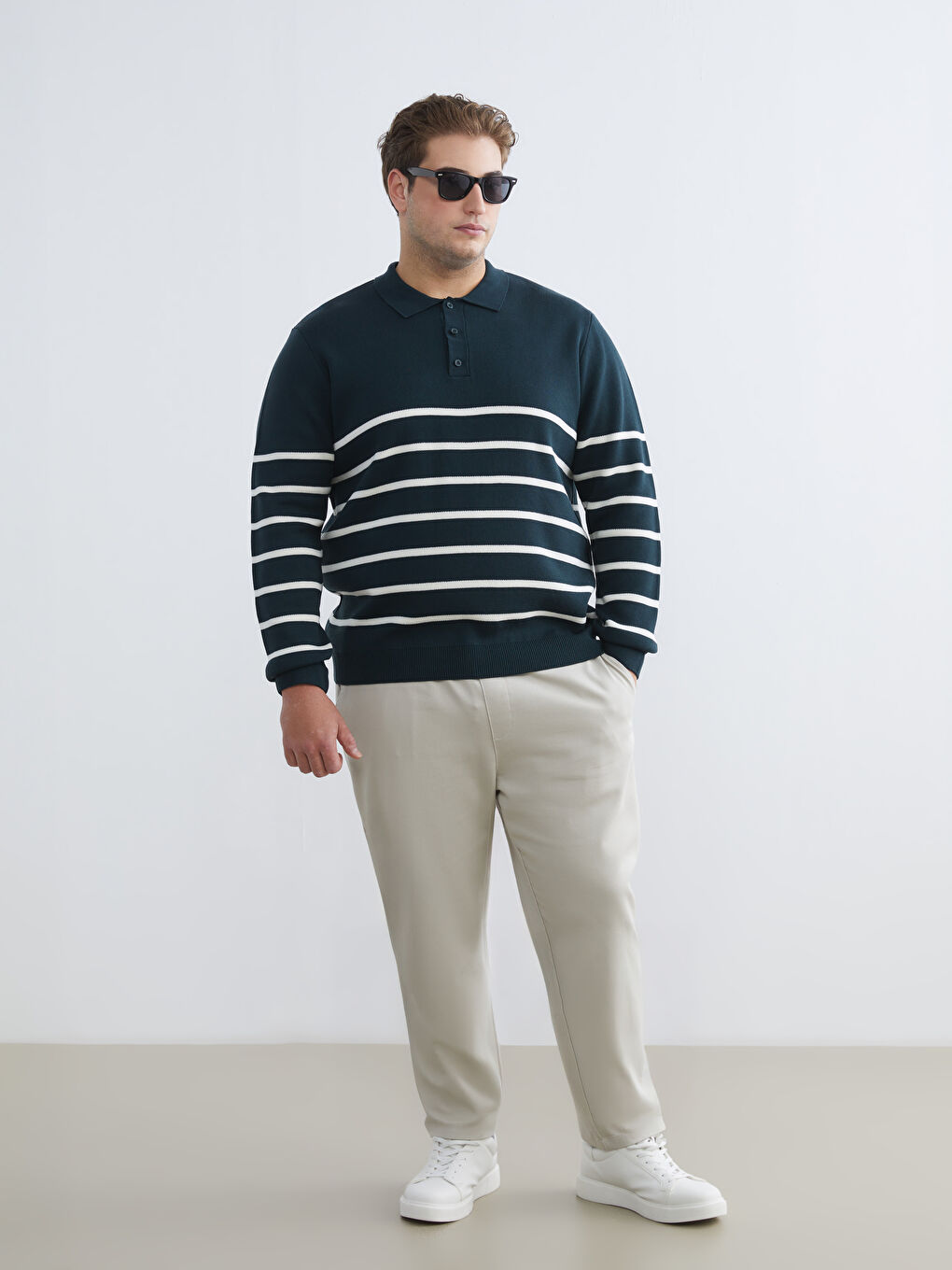 Yeşil Polo Yaka Çizgili Erkek Triko Kazak-1