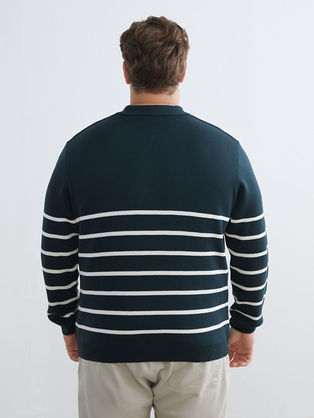 Yeşil Polo Yaka Çizgili Erkek Triko Kazak-3