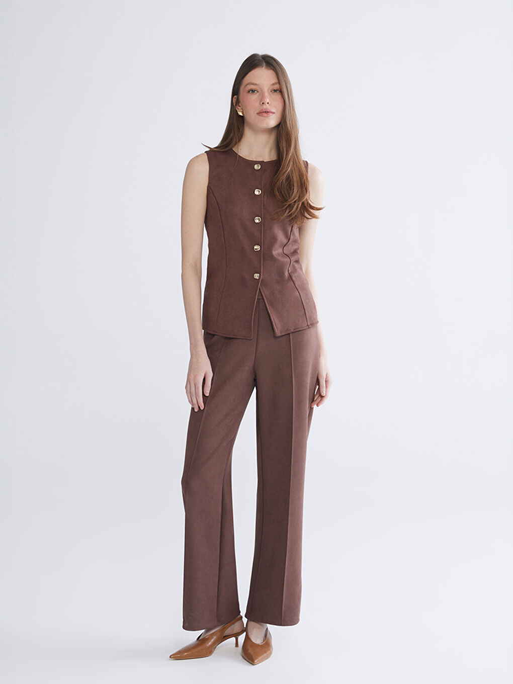 Kahverengi Bisiklet Yaka Kadın Süet Görünümlü Klasik Yelek-1