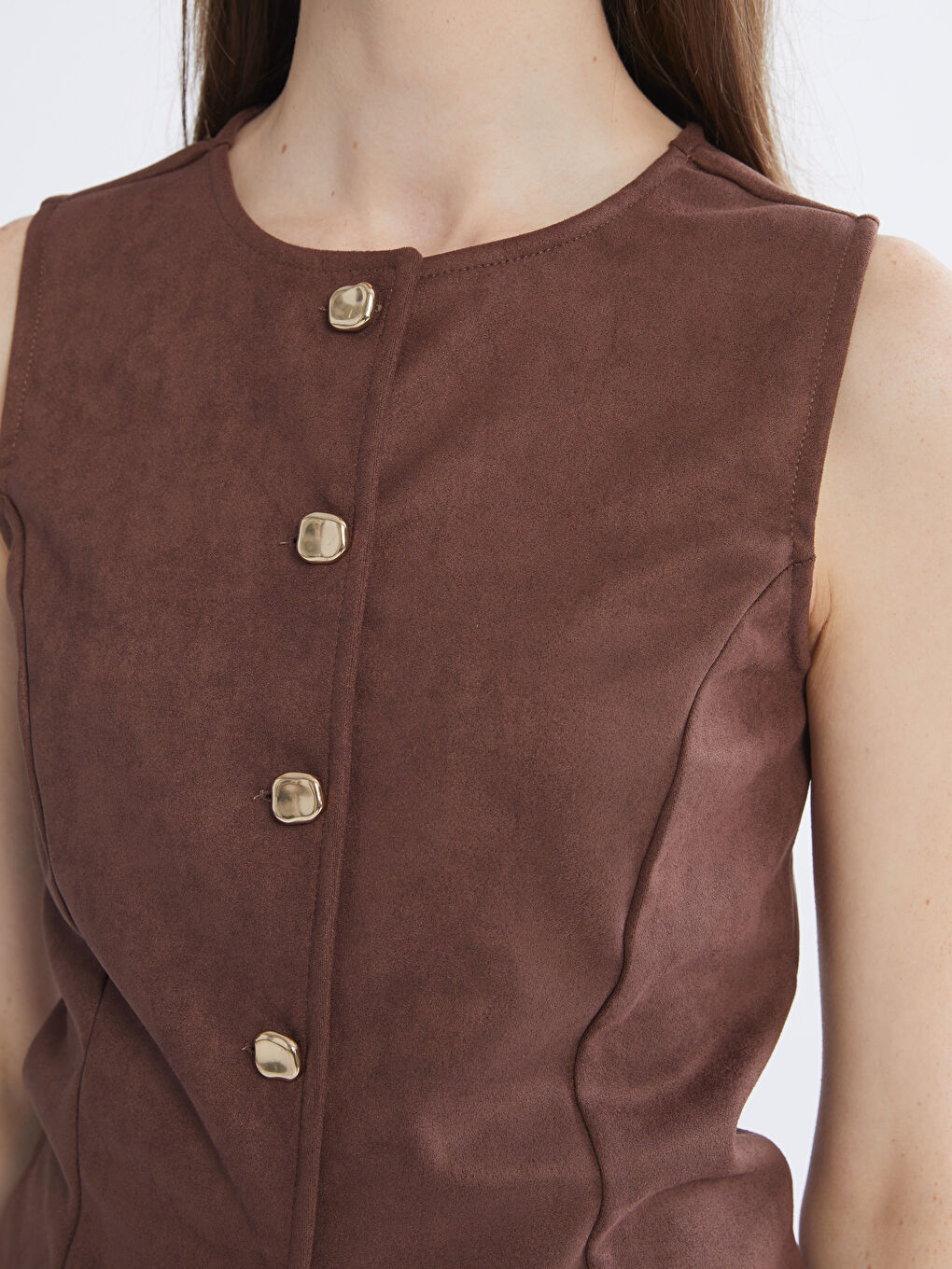 Kahverengi Bisiklet Yaka Kadın Süet Görünümlü Klasik Yelek-2