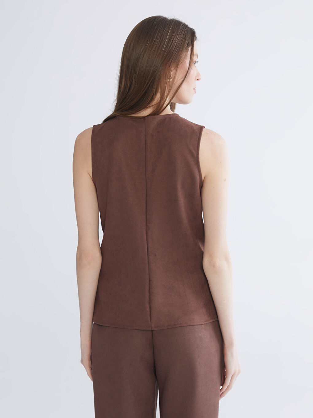 Kahverengi Bisiklet Yaka Kadın Süet Görünümlü Klasik Yelek-3