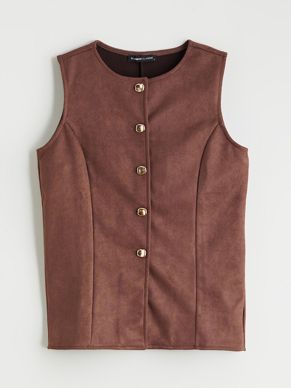 Kahverengi Bisiklet Yaka Kadın Süet Görünümlü Klasik Yelek-4