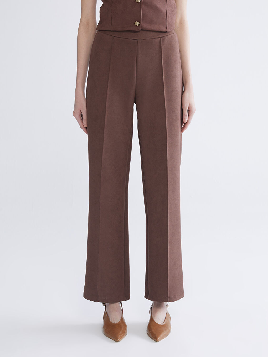 Kahverengi Standart Fit Süet Kadın Pantolon-1