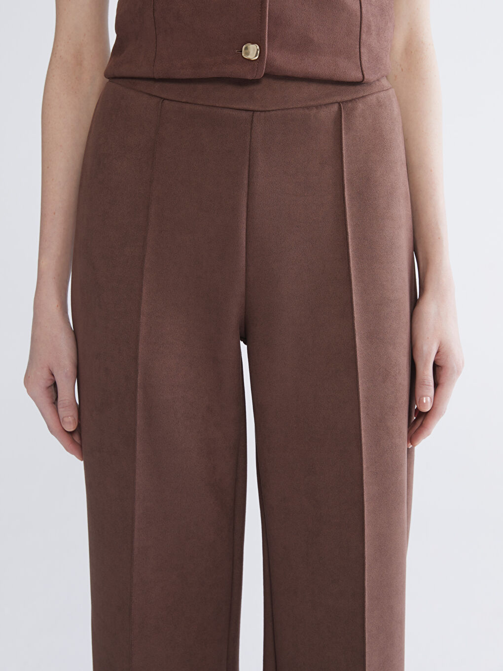 Kahverengi Standart Fit Süet Kadın Pantolon-2