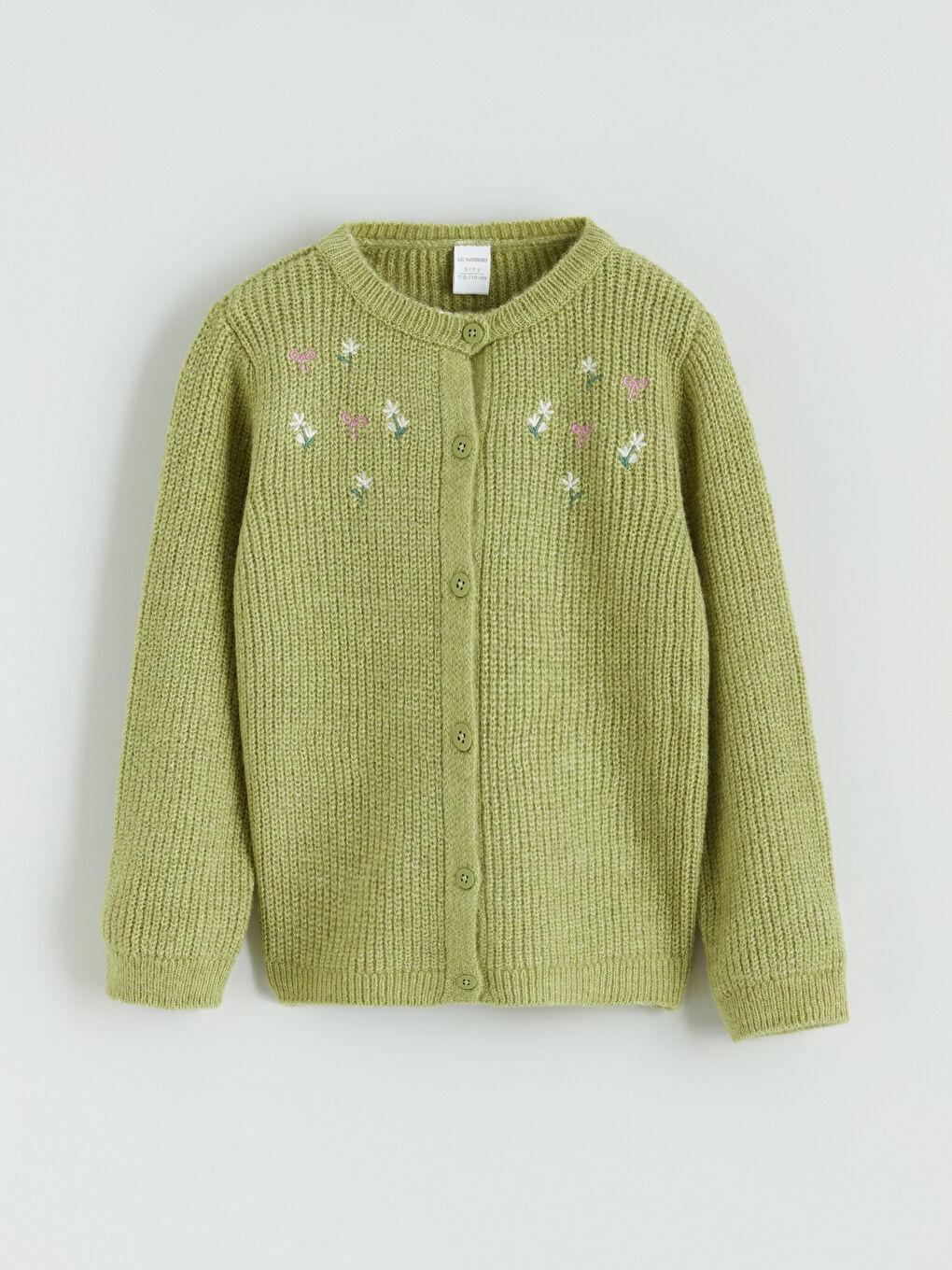 Yeşil Çiçek Nakışlı Kız Çocuk Triko Hırka