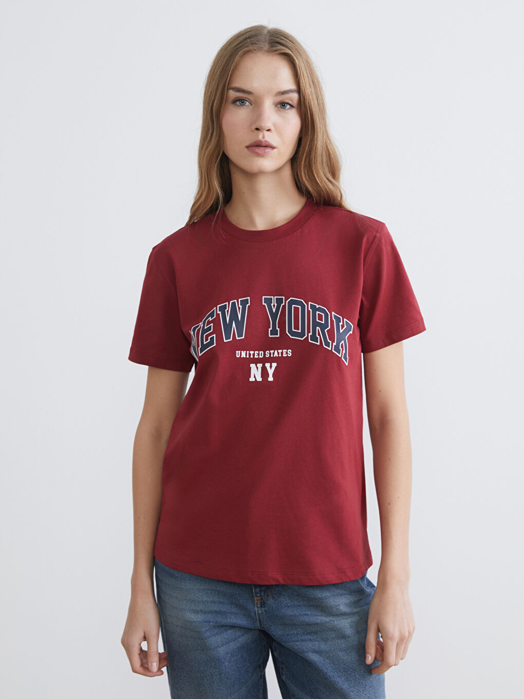 Bordo Bisiklet Yaka New York Baskılı Kadın Tişört