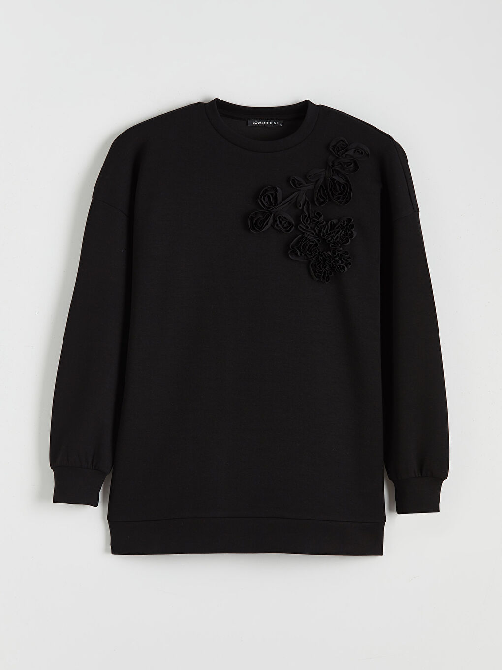 Siyah Bisiklet Yaka Çiçekli Kadın Sweatshirt Tunik-4