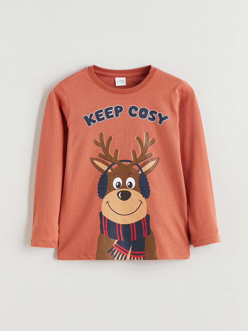 Kahverengi Bisiklet Yaka Yılbaşı Temalı Erkek Çocuk Pijama Üst