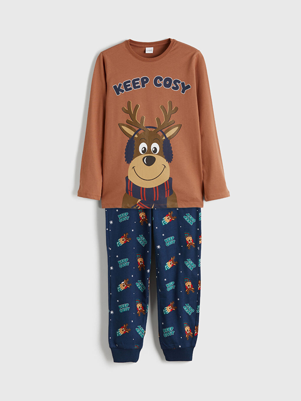 Kahverengi Bisiklet Yaka Yılbaşı Temalı Erkek Çocuk Pijama Takımı