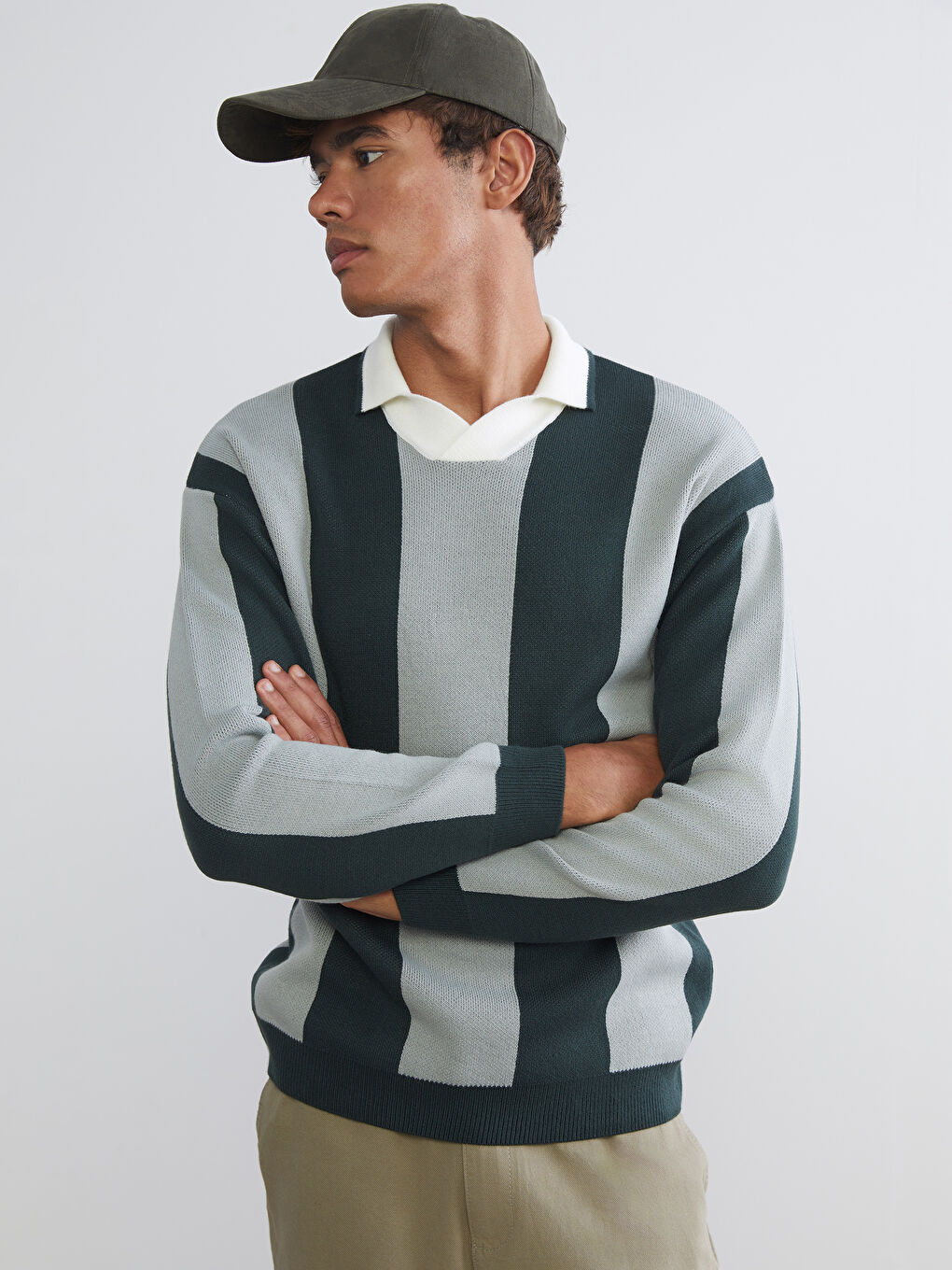 Yeşil Polo Yaka Çizgili Erkek Triko Kazak