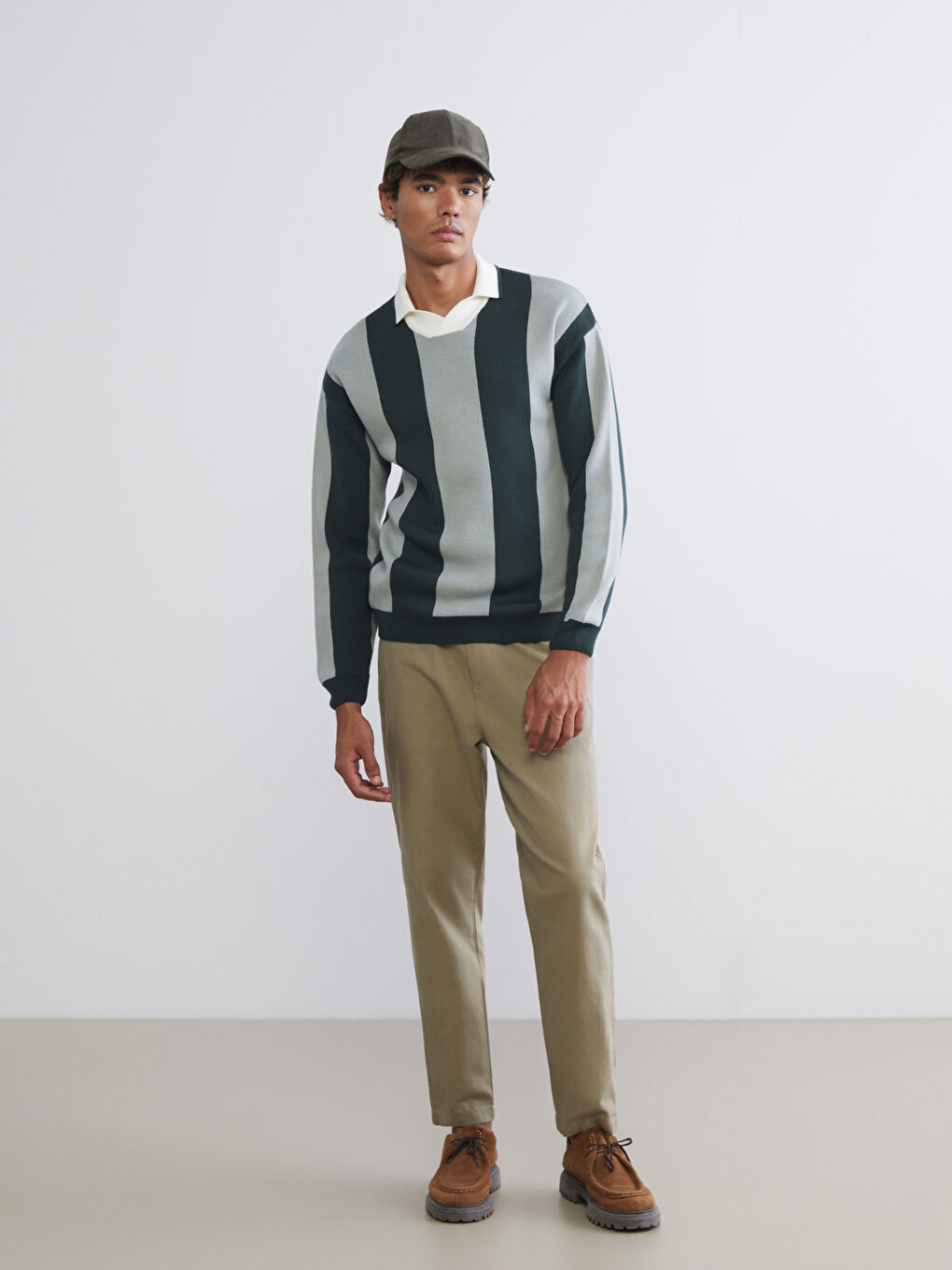 Yeşil Polo Yaka Çizgili Erkek Triko Kazak-1