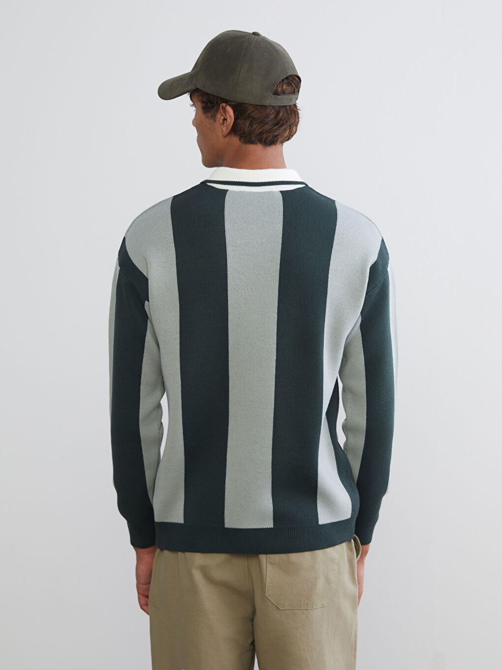 Yeşil Polo Yaka Çizgili Erkek Triko Kazak-3