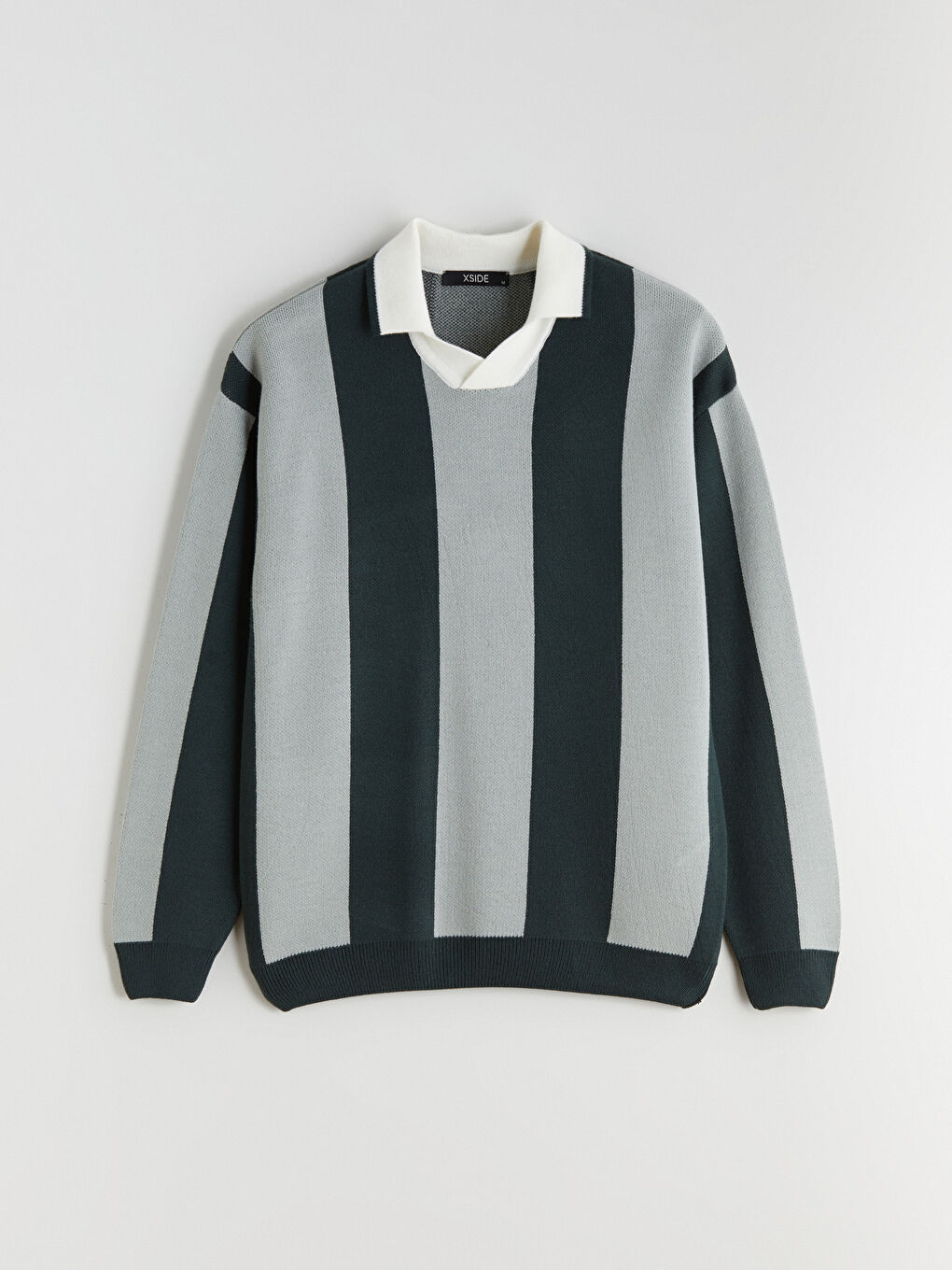 Yeşil Polo Yaka Çizgili Erkek Triko Kazak-4