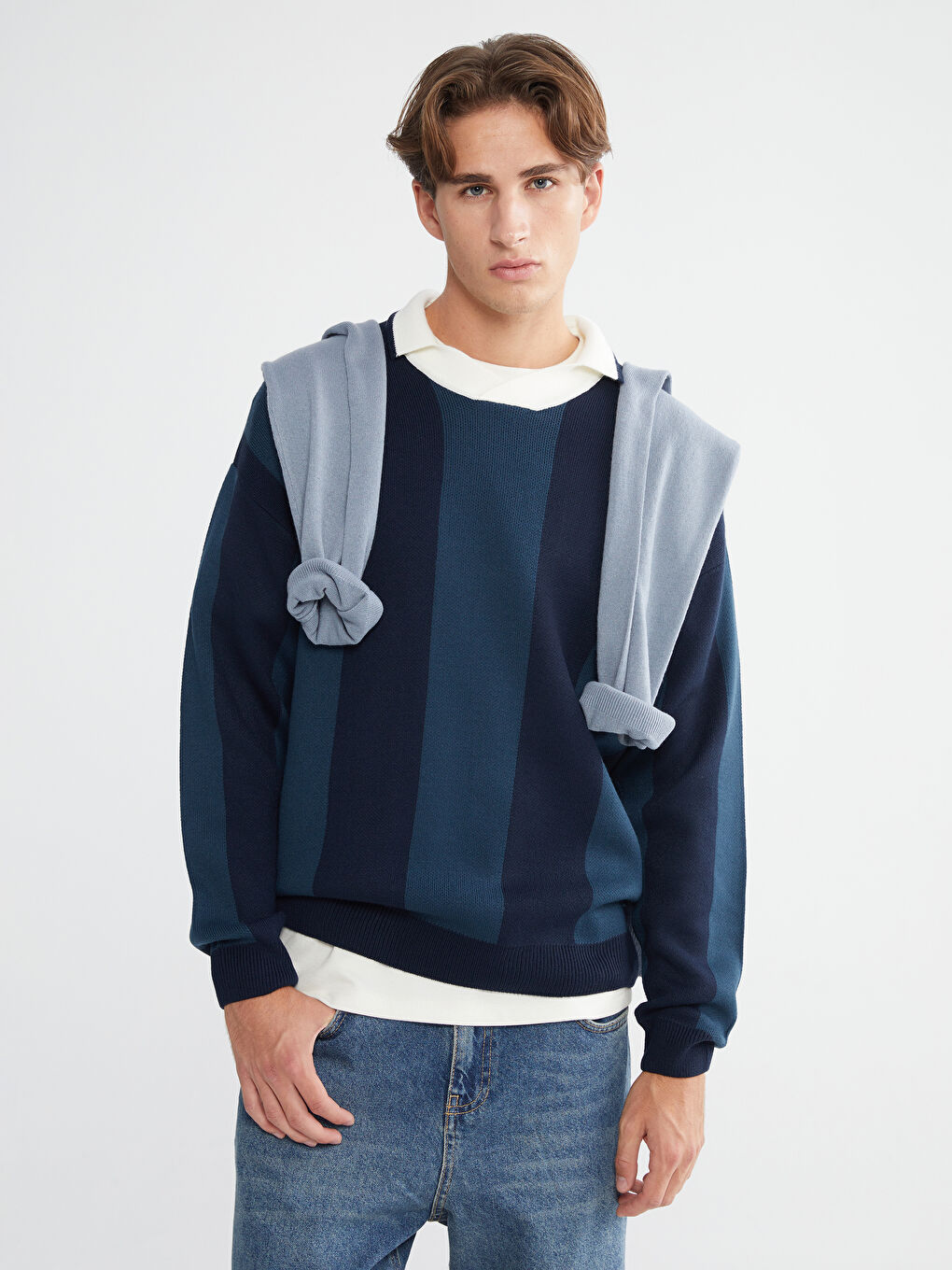 İndigo Polo Yaka Çizgili Erkek Triko Kazak