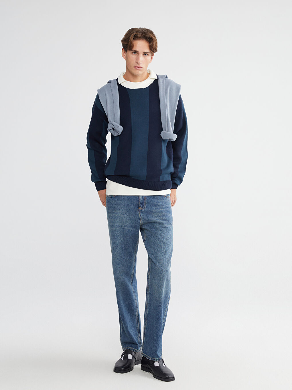 İndigo Polo Yaka Çizgili Erkek Triko Kazak-1