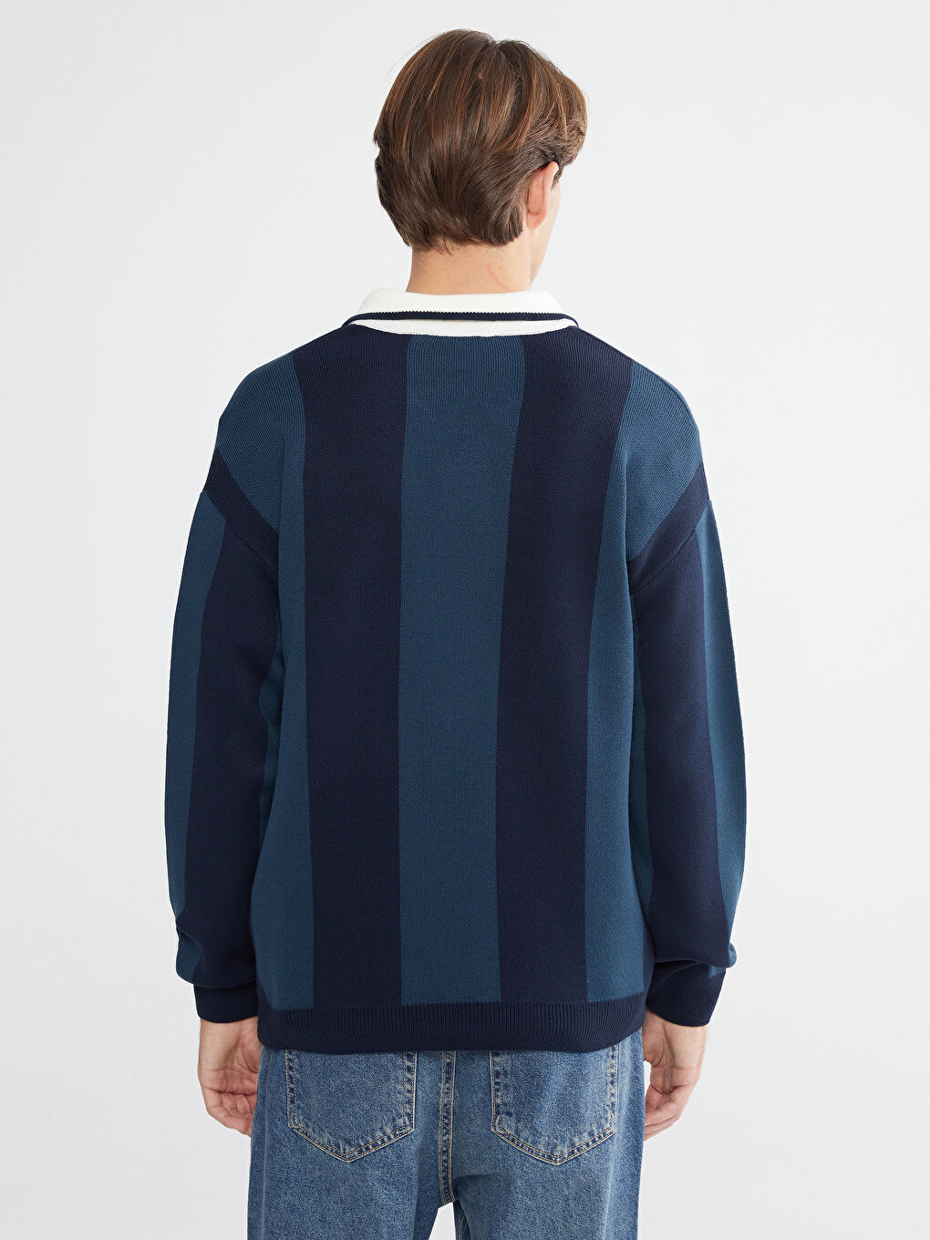 İndigo Polo Yaka Çizgili Erkek Triko Kazak-3