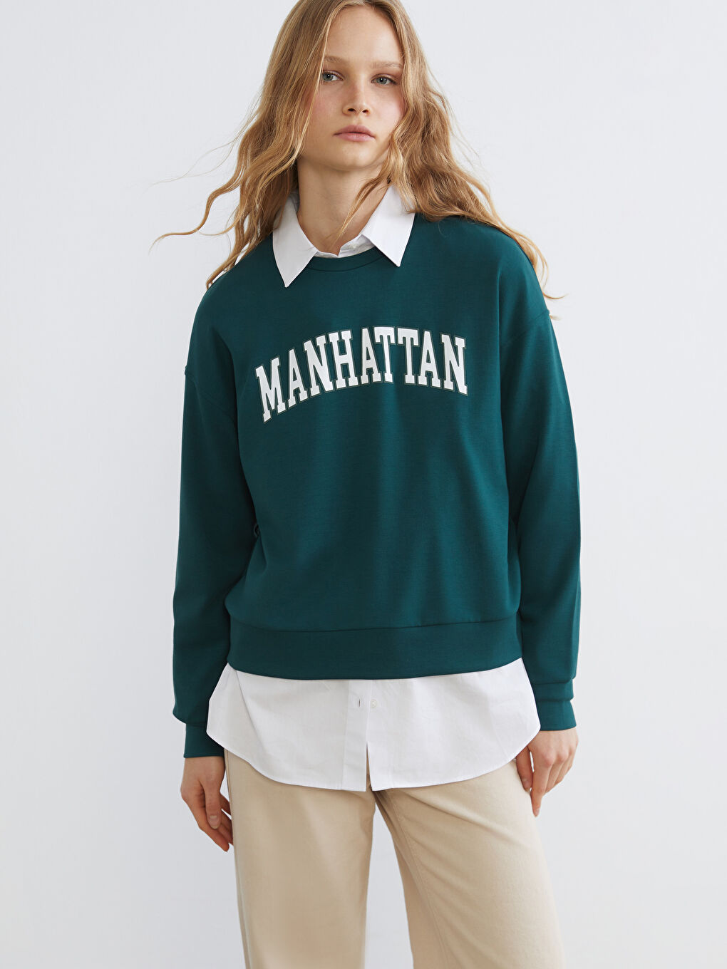 Yeşil Manhattan Baskılı Oversize Kadın Sweatshirt
