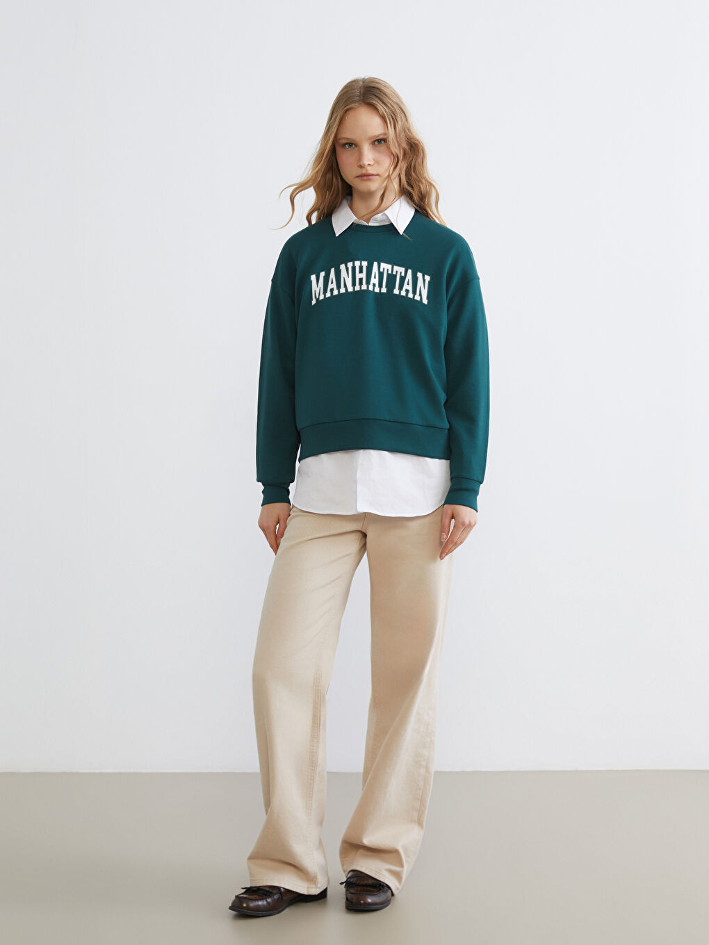 Yeşil Manhattan Baskılı Oversize Kadın Sweatshirt-1