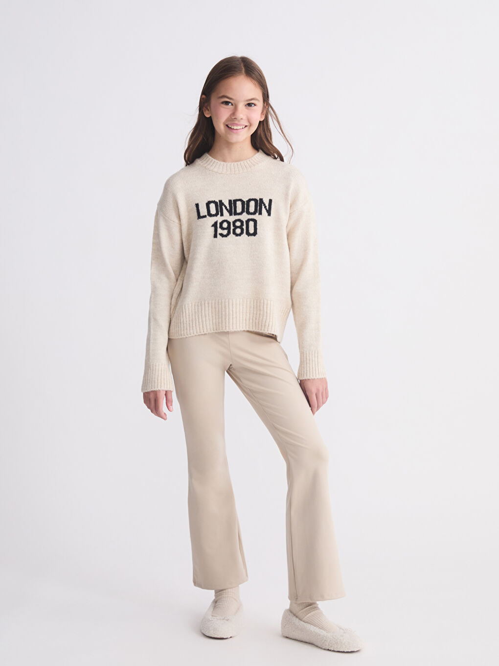 Bej Beli Lastikli İspanyol Paça Kız Çocuk Tayt-1