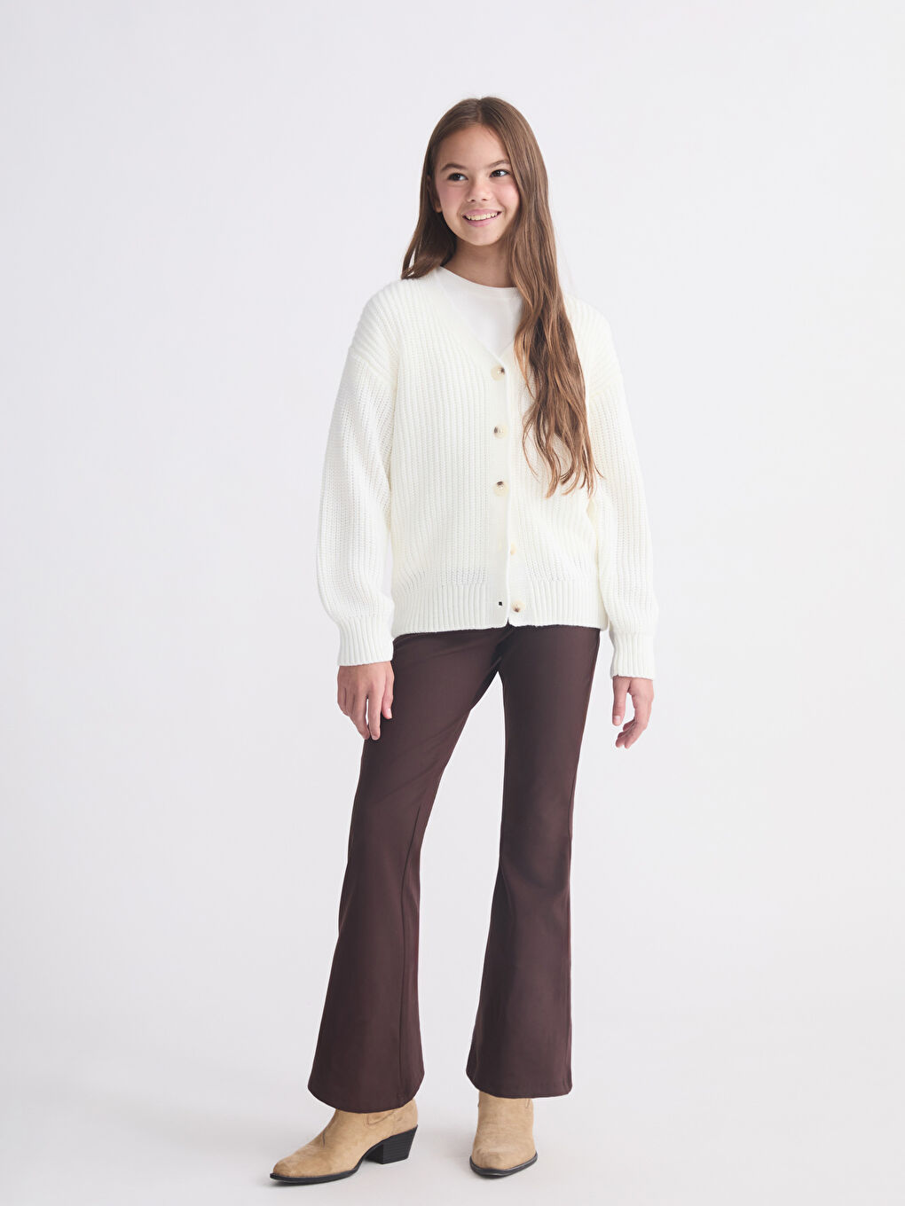 Kahverengi Beli Lastikli İspanyol Paça Kız Çocuk Tayt