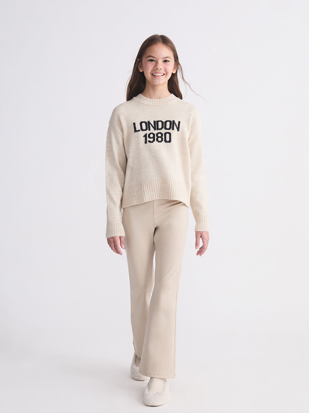 Bej Beli Lastikli İspanyol Paça Kız Çocuk Tayt