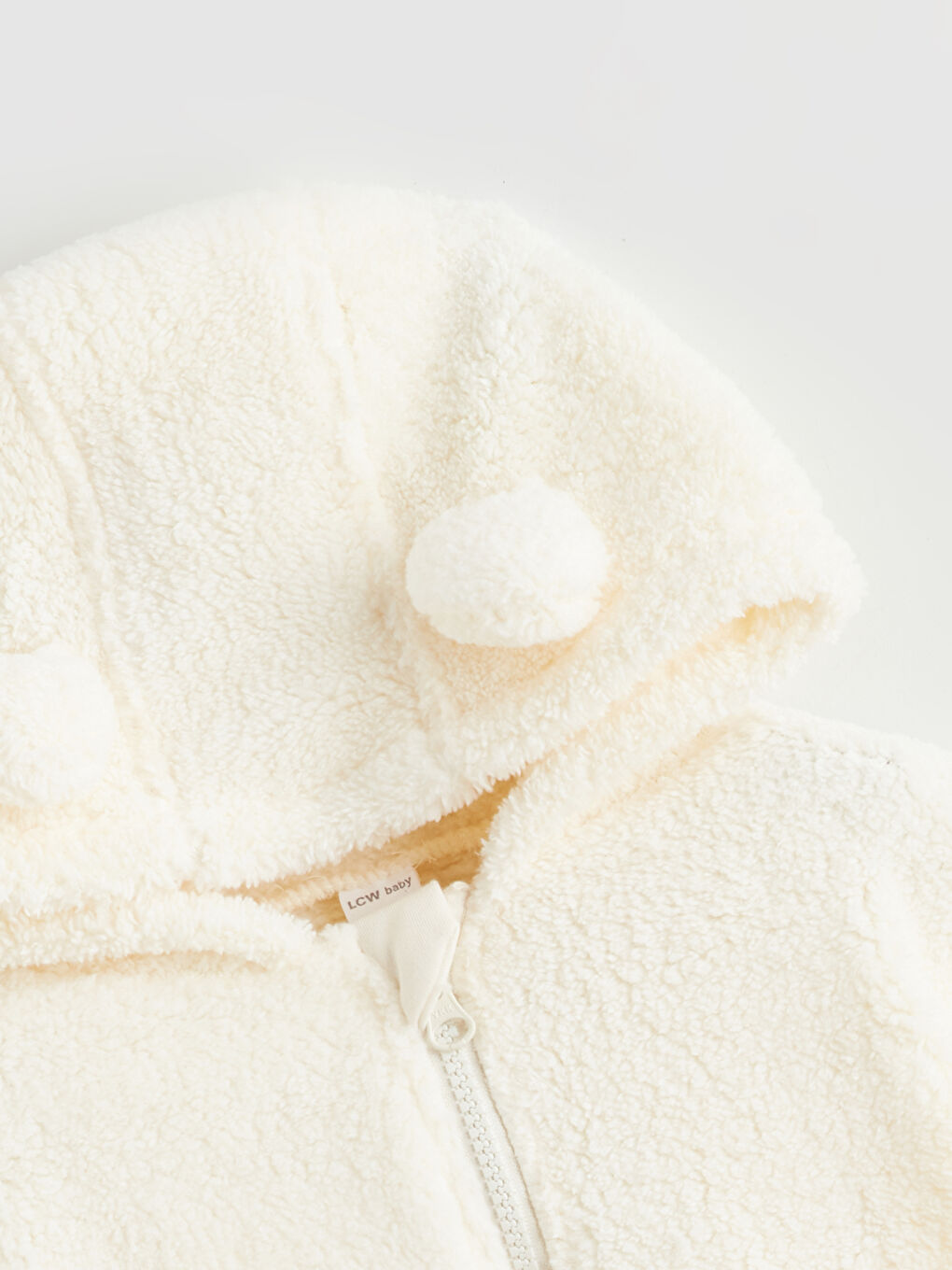 Ekru Kapüşonlu Basic Kız Bebek Pelüş Hırka-1