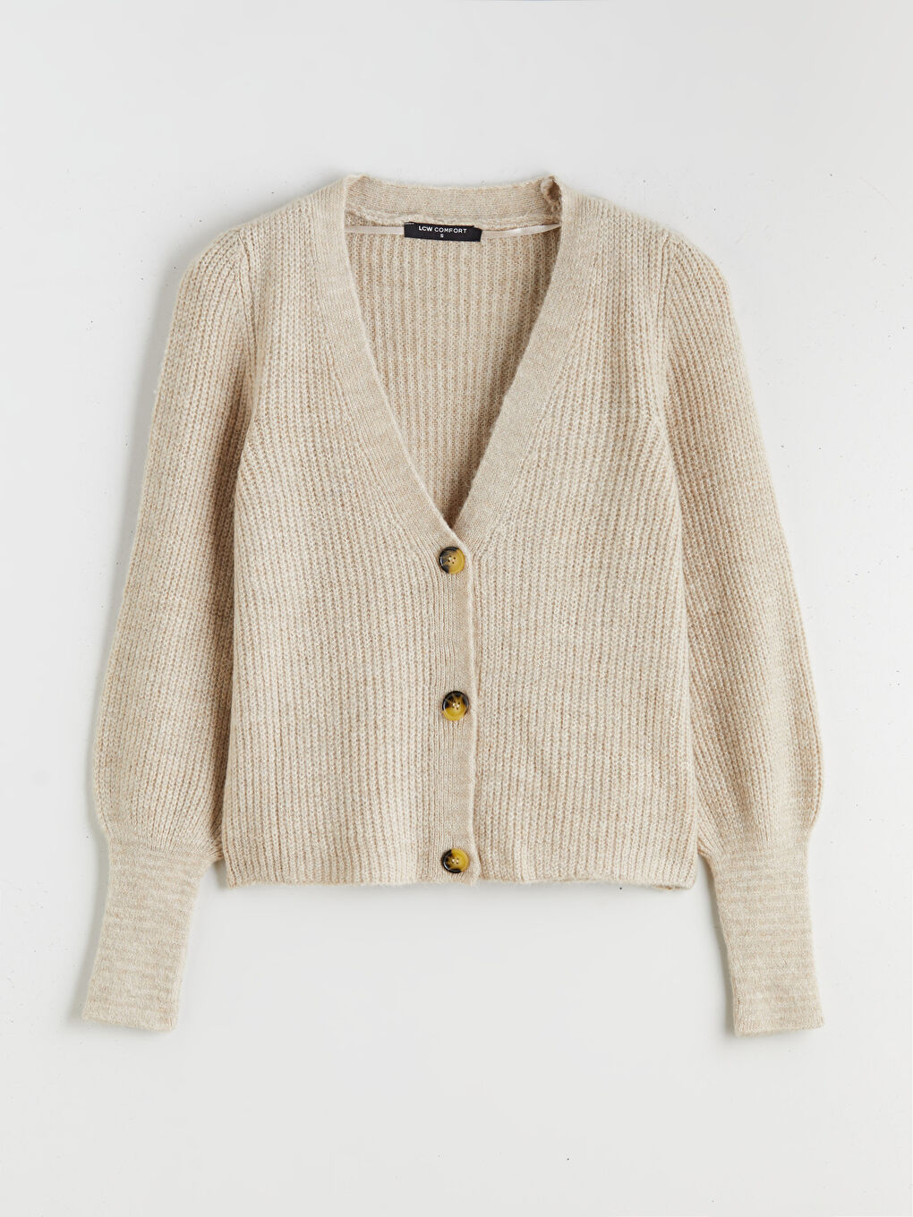 Bej V Yaka Balon Kollu Kadın Triko Hırka-4