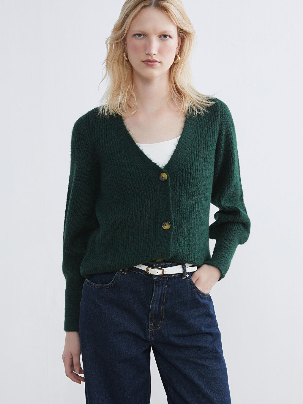 Yeşil V Yaka Balon Kollu Kadın Triko Hırka