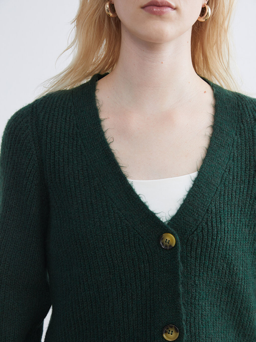 Yeşil V Yaka Balon Kollu Kadın Triko Hırka-2