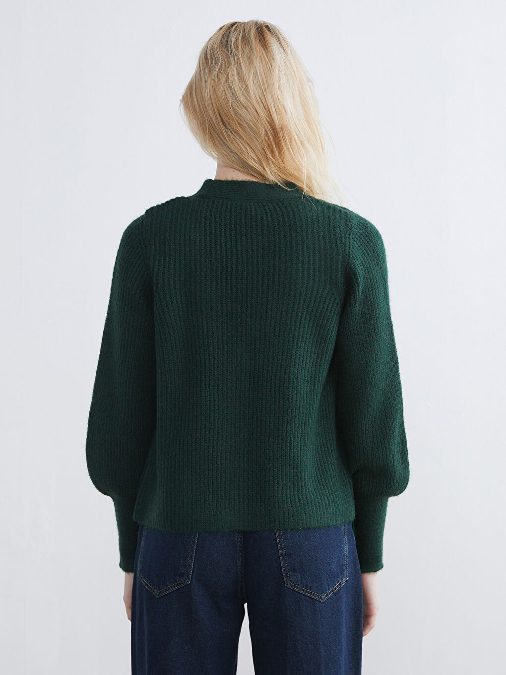 Yeşil V Yaka Balon Kollu Kadın Triko Hırka-3