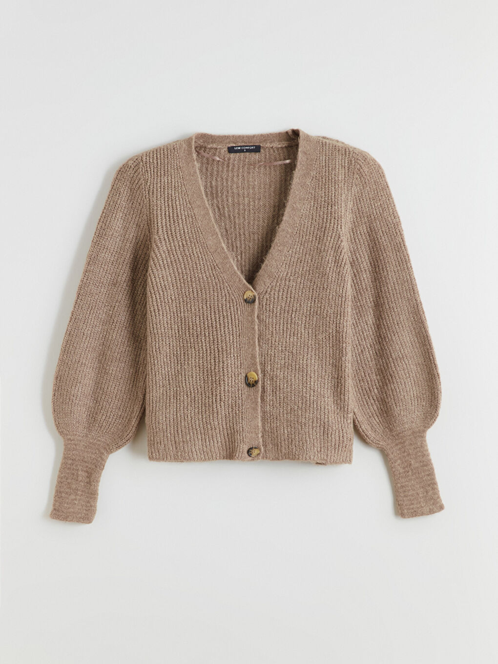 Kahverengi V Yaka Balon Kollu Kadın Triko Hırka-4