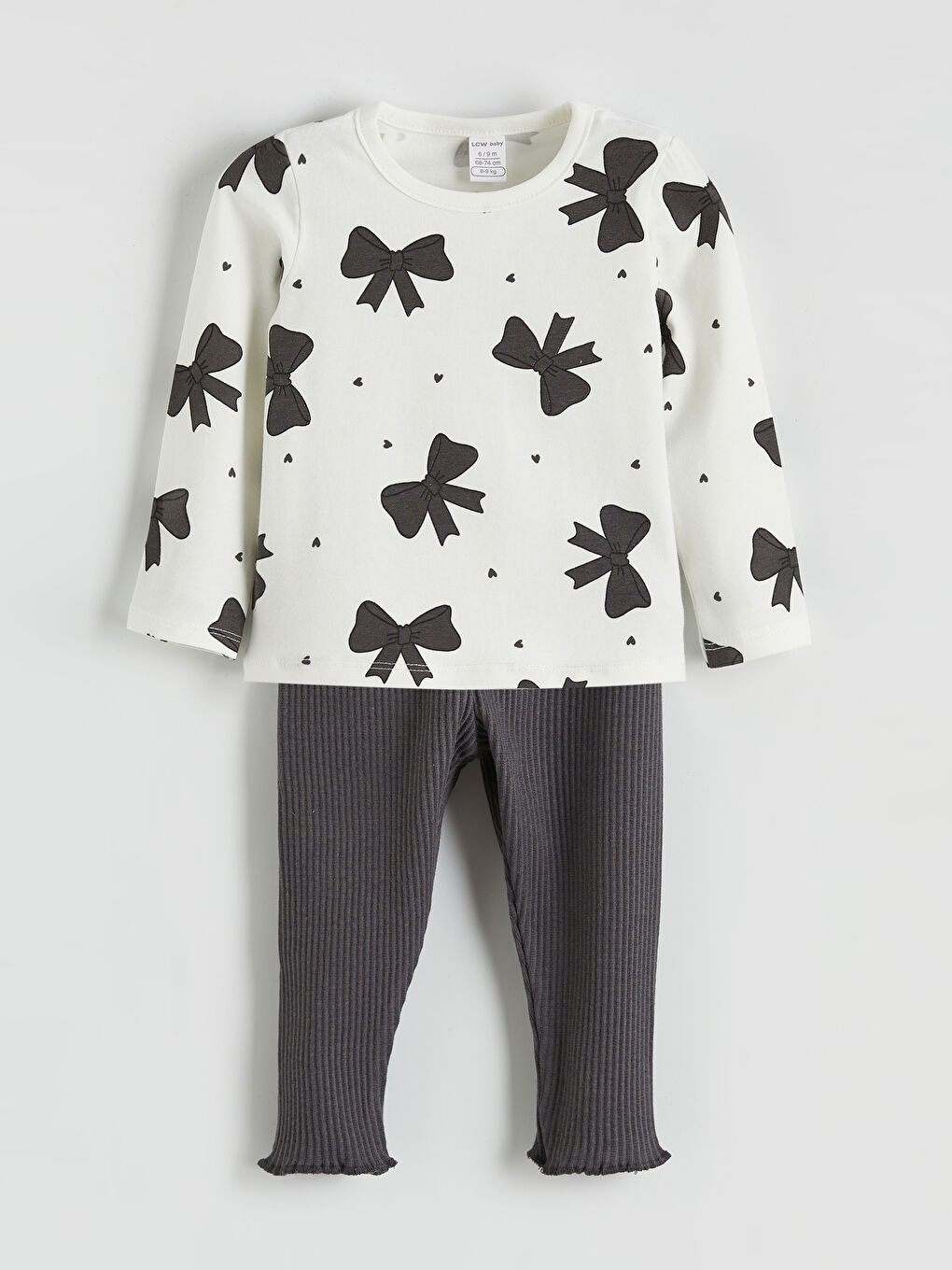 Ekru Bisiklet Yaka Fiyonk Baskılı Kız Bebek Tişört ve Tayt