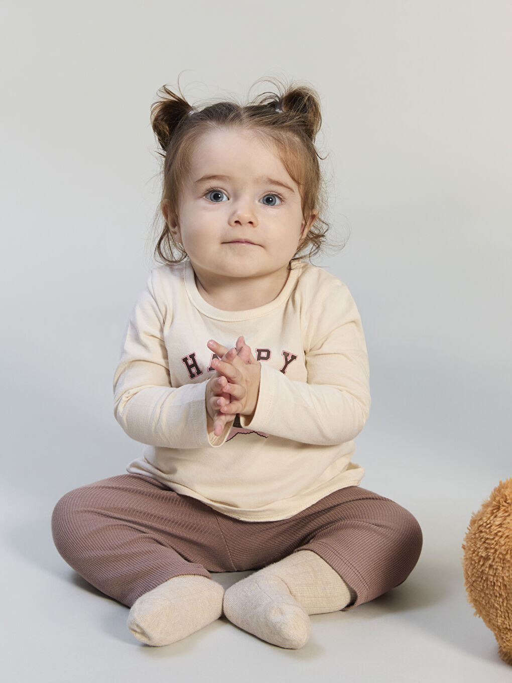 Ekru Bisiklet Yaka Kız Bebek Tişört ve Tayt