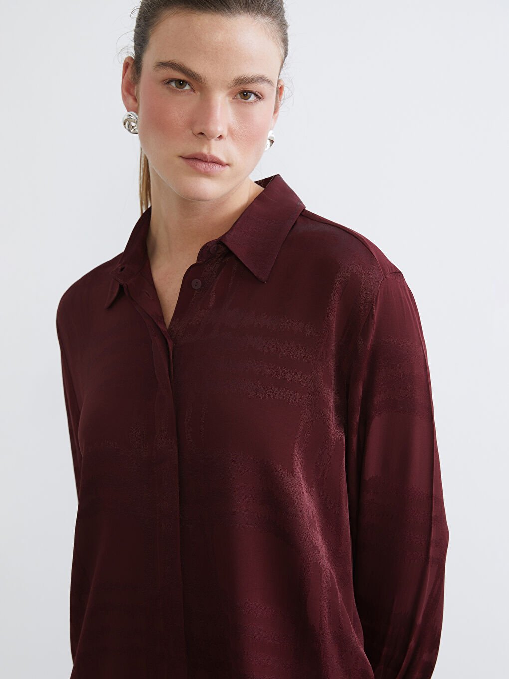 Bordo Desenli Oversize Kadın Gömlek