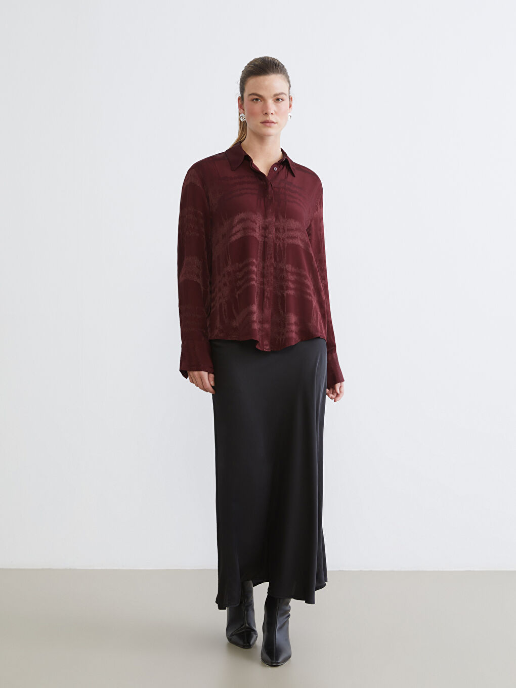 Bordo Desenli Oversize Kadın Gömlek-1