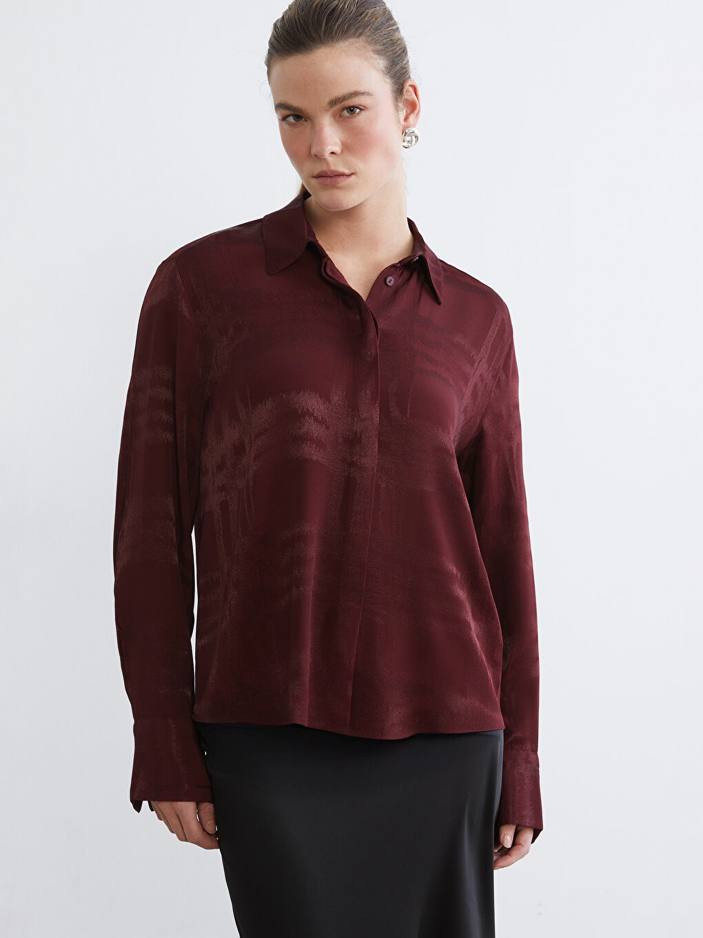 Bordo Desenli Oversize Kadın Gömlek-2