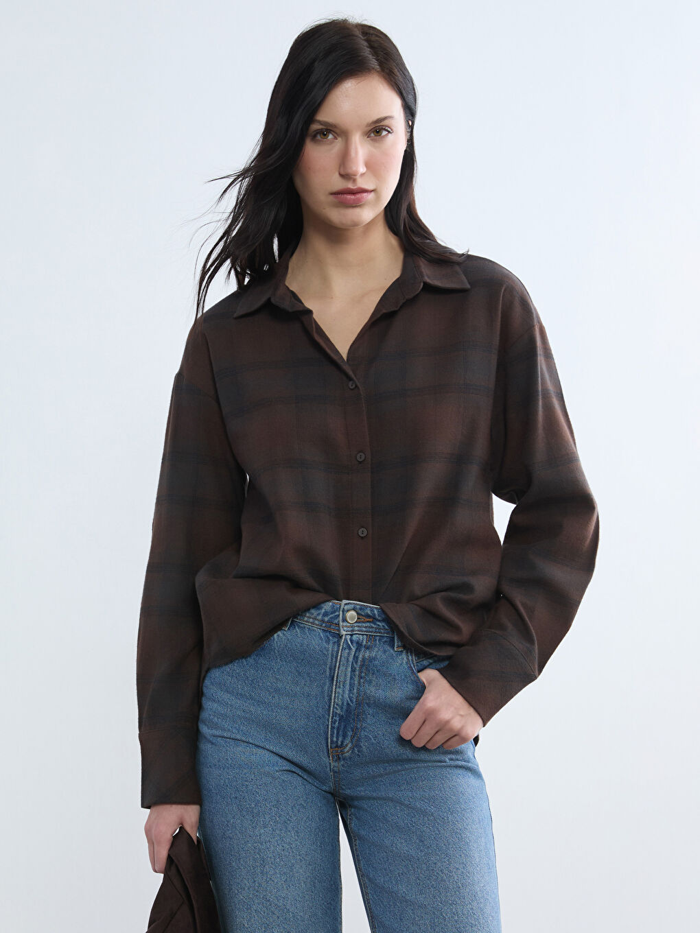 Siyah Ekose Desenli %100 Pamuk Kadın Gömlek