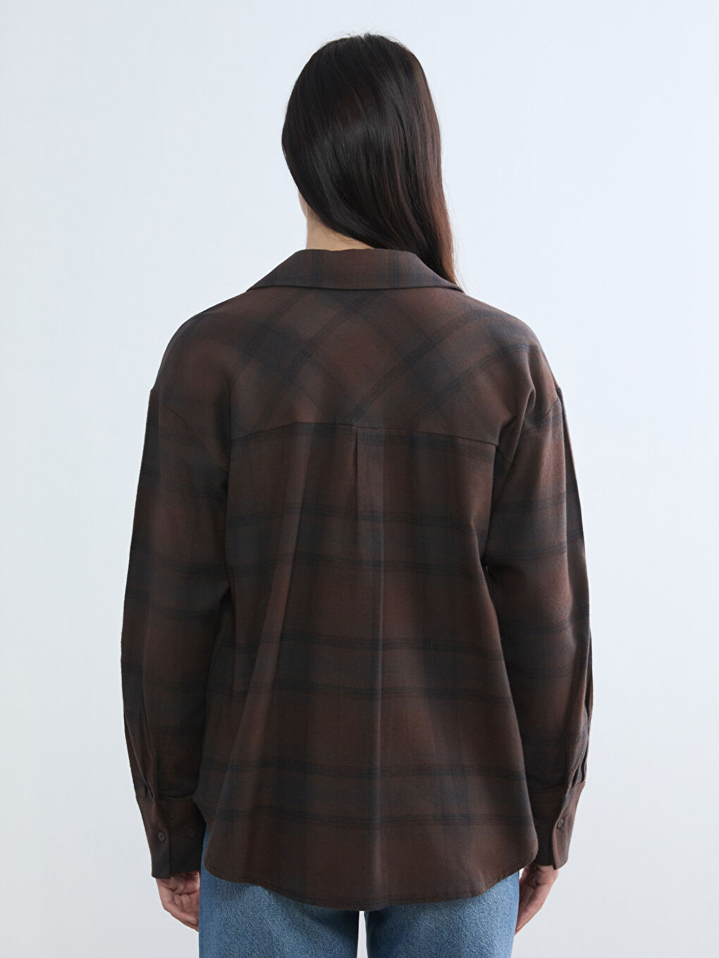 Siyah Ekose Desenli %100 Pamuk Kadın Gömlek-3