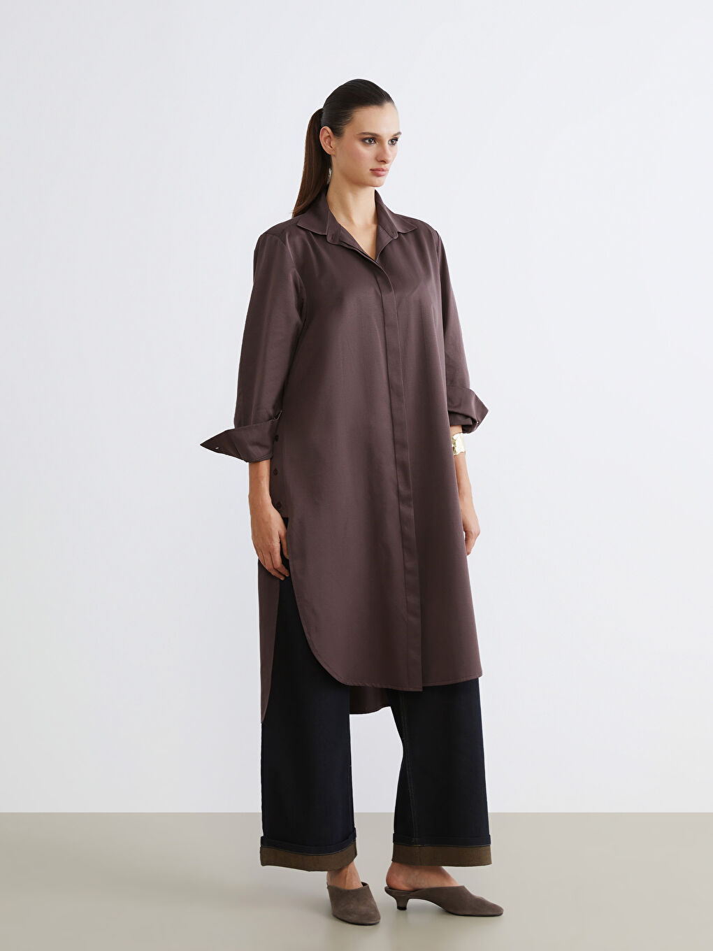 Kahverengi Loose Fit Kadın Gömlek Tunik-1