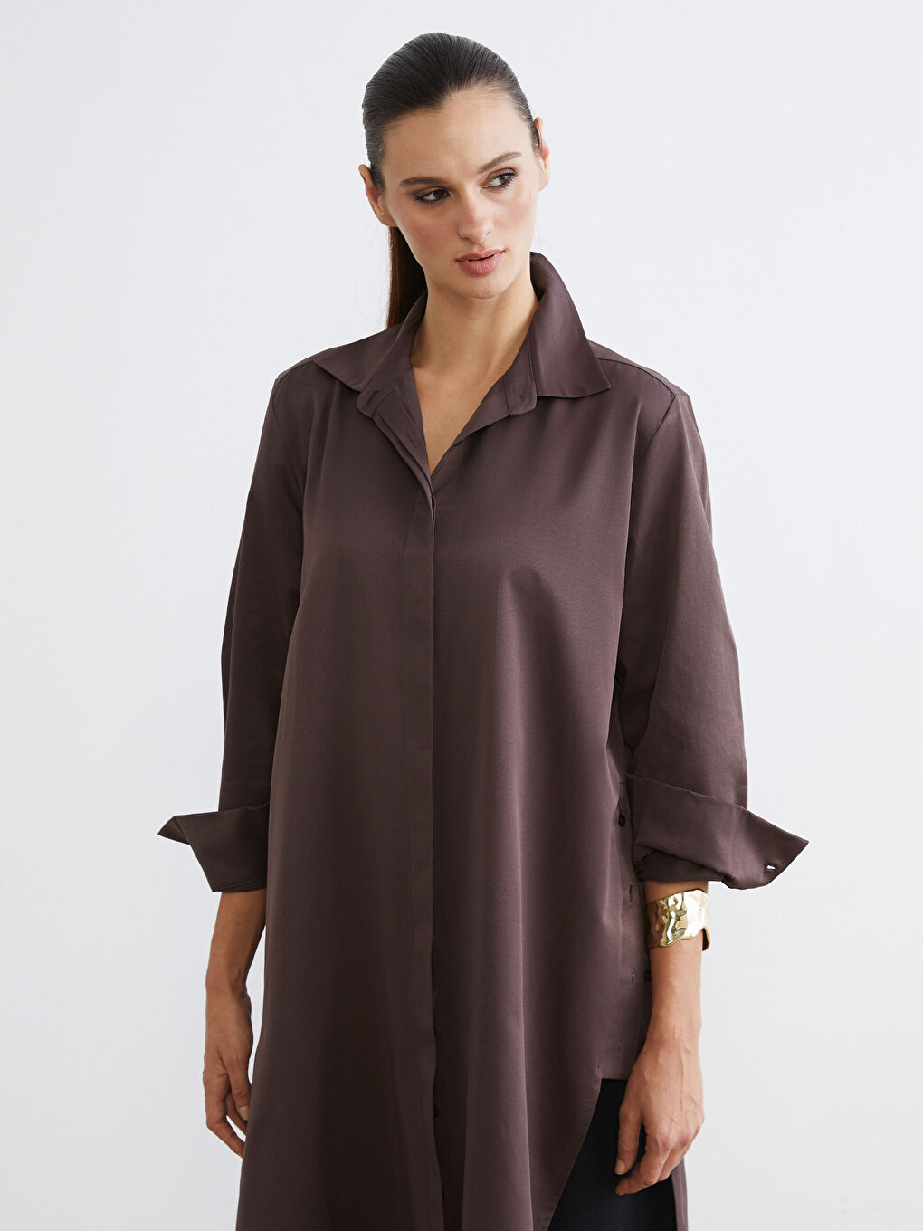 Kahverengi Loose Fit Kadın Gömlek Tunik-2