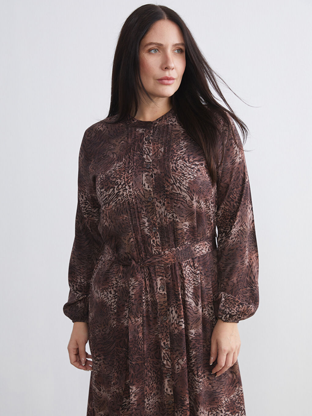 Grandad Collar Patterned Shirt Dress-1