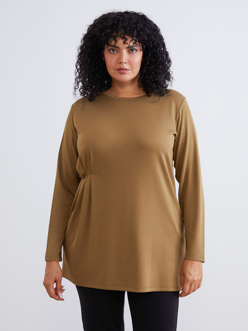 Haki Büyük Beden Bisiklet Yaka Büzgülü Kadın Tunik
