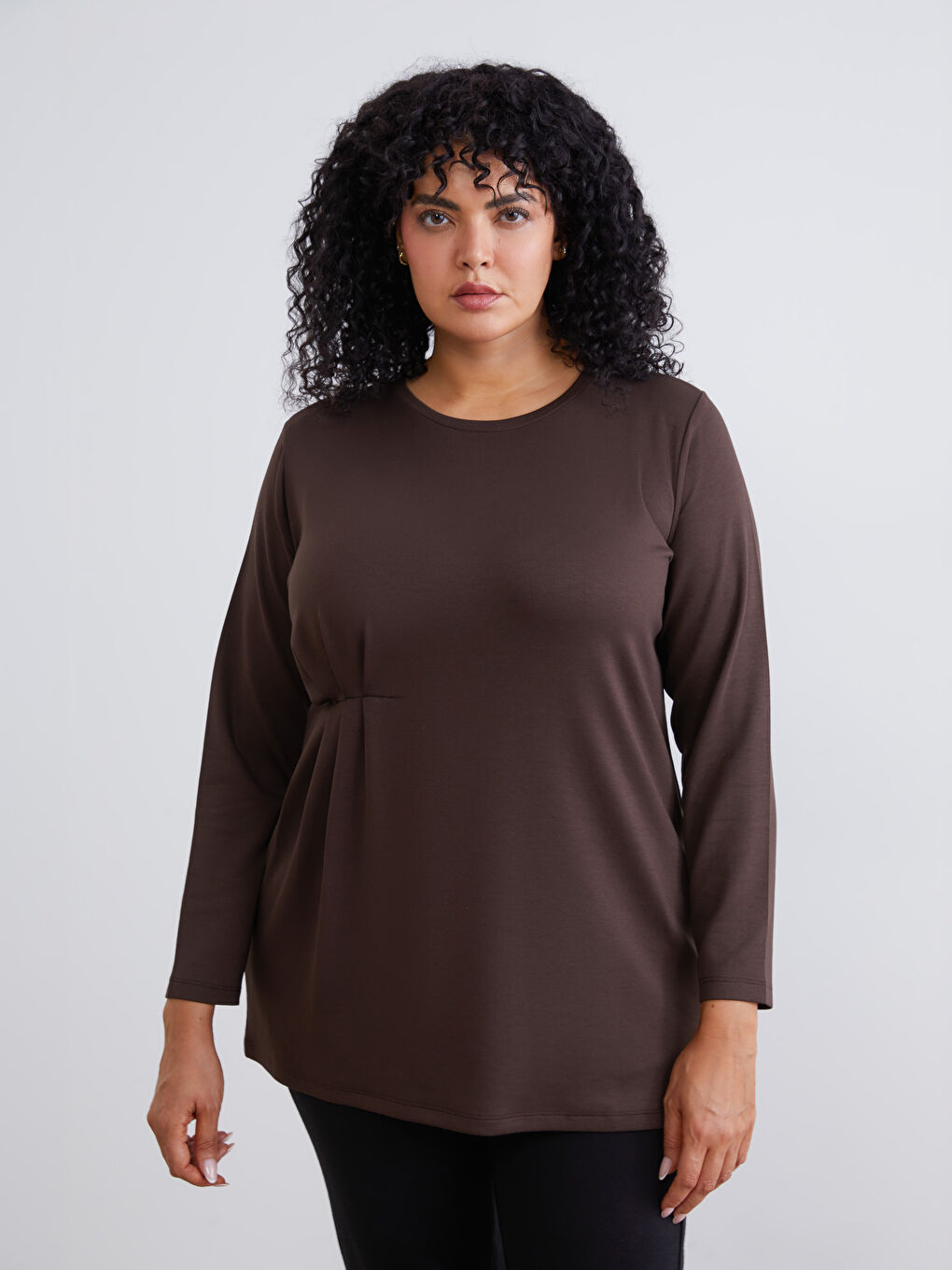 Kahverengi Büyük Beden Bisiklet Yaka Büzgülü Kadın Tunik